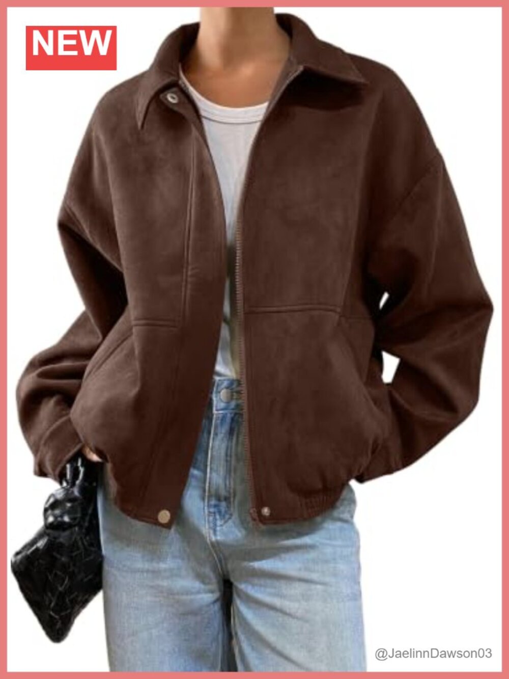 Faux Suede Bomber Jacket Oversized Zip Up Cropped Coat with Snap Buttons